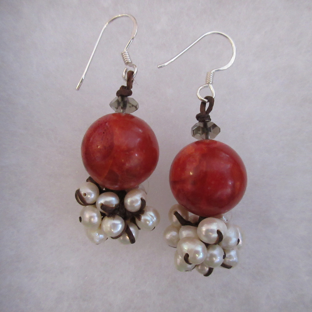 Red Coral and Pearls 925 Sterling Silver Earrings